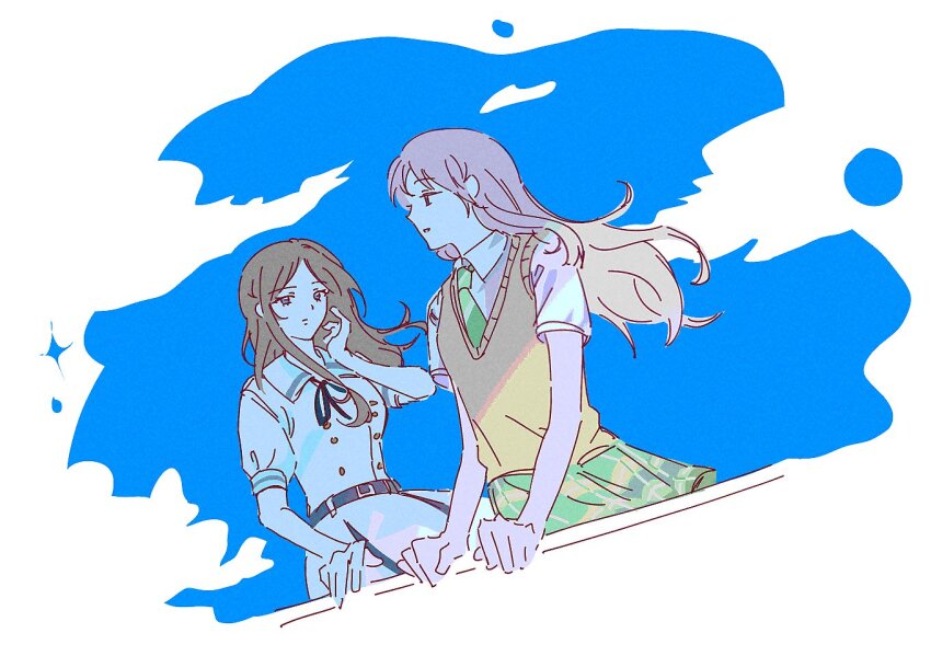 2girls, bang_dream!, bang_dream!_it's_mygo!!!!!, blush, brown_hair, chihaya_anon, commentary_request, fang, grey_eyes, hamibandi, korean_commentary, long_hair, multiple_girls, nagasaki_soyo, open_mouth, pink_hair, shirt, simple_background, skirt, white_shirt, yuri