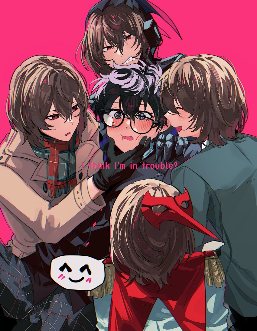 5boys, absurdres, akechi_gorou, amamiya_ren, black_gloves, black_mask_(persona_5), blush, clenched_teeth