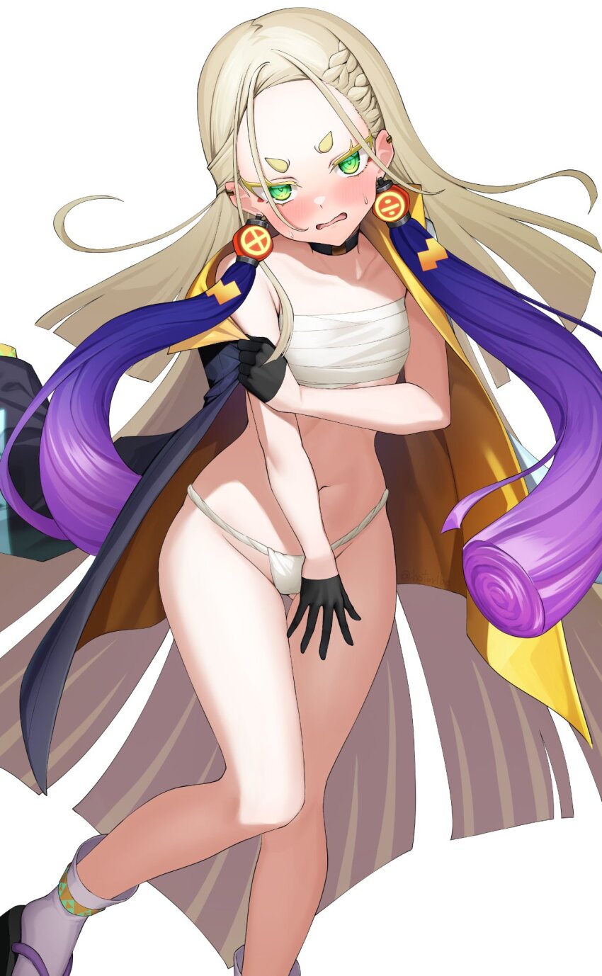 1girl, agibe, bikini, black_coat, blonde_hair, breasts, chest_sarashi, coat