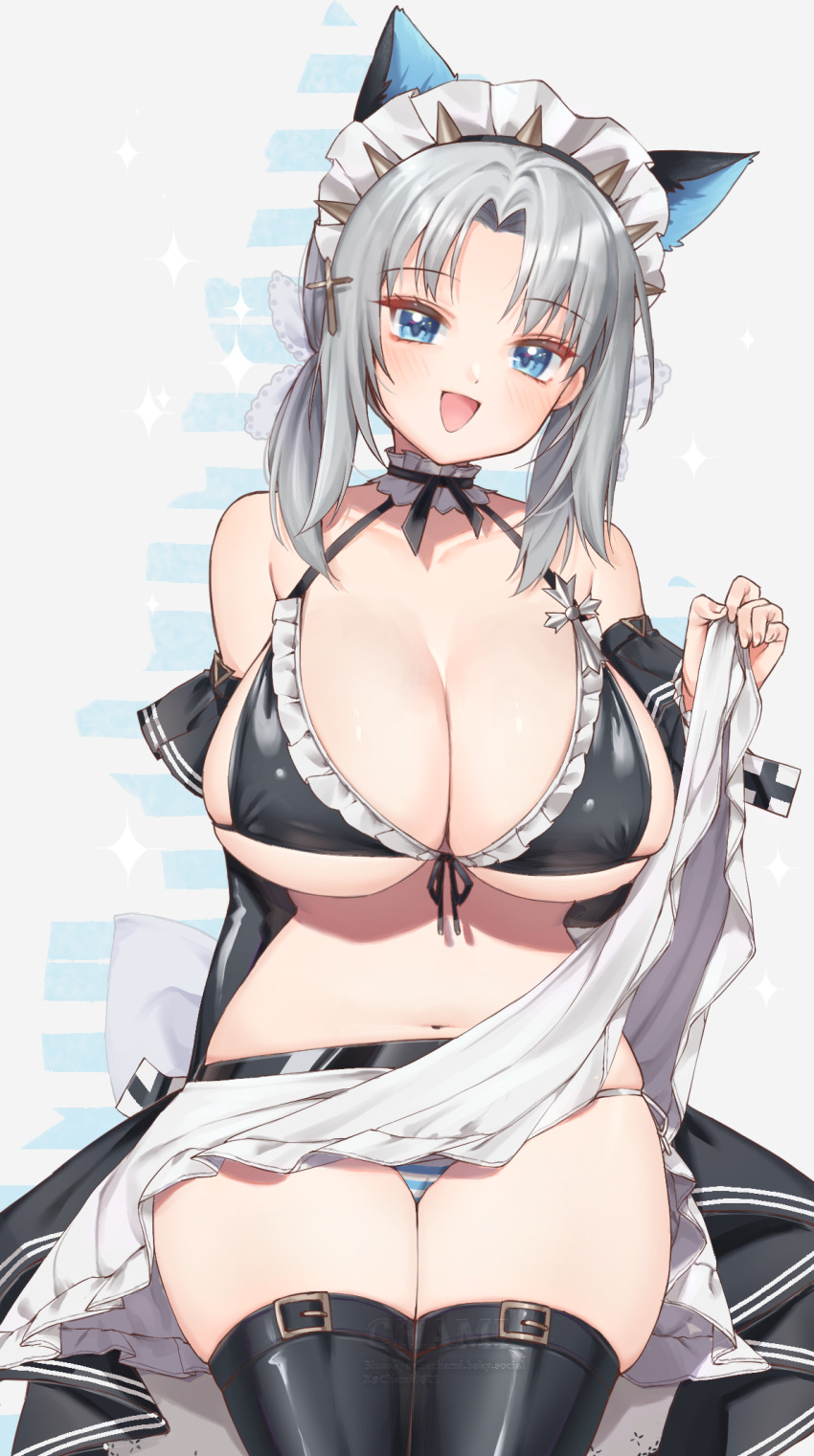 1girl, :d, alternate_costume, animal_ear_hairband, animal_ears, apron, bikini, black_bikini