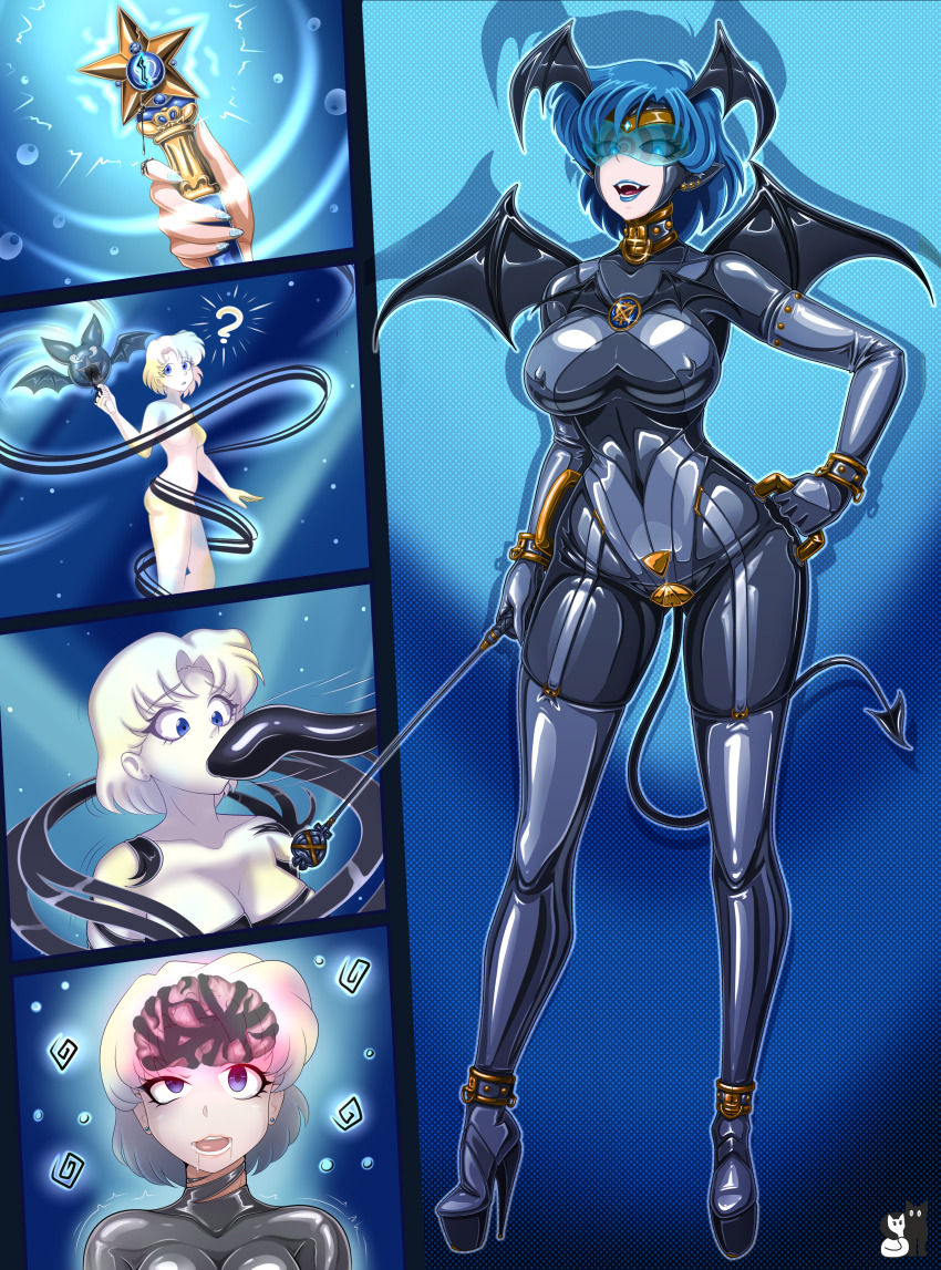 absurdres, bat_wings, bishoujo_senshi_sailor_moon, black_bodysuit, black_sclera, blue_eyes, blue_hair, bodysuit