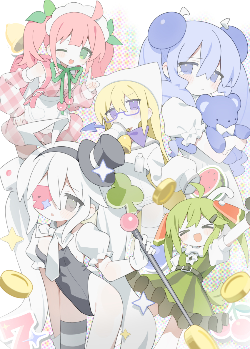 >_<, 5girls, 7_(number), ahoge, apron, bell, belt, black_hairband, black_hat, black_leotard, blonde_hair, blue-framed_eyewear, blue_eyes, blue_hair, bow, bowtie, cane, cat_tail, cherry, closed_mouth, coin, commentary, daizu_(melon-lemon), detached_sleeves, dress, food, food-themed_hair_ornament, fruit, gambling, glasses, gloves, green_dress, green_eyes, green_hair, grey_thighhighs, hair_ornament, hairband, hand_up, hat, highres, holding, holding_cane, holding_stuffed_toy, index_finger_raised, leotard, long_hair, long_sleeves, looking_at_viewer, mini_hat, mini_top_hat, multiple_girls, neck_bell, neck_ribbon, one_eye_closed, one_eye_covered, open_mouth, original, personification, pink_hair, puffy_short_sleeves, puffy_sleeves, purple_bow, purple_bowtie, purple_eyes, ribbon, semi-rimless_eyewear, short_dress, short_sleeves, single_thighhigh, sleeveless, sleeveless_dress, sleeves_past_fingers, sleeves_past_wrists, slot_machine, smile, sparkle, strapless, strapless_leotard, striped_clothes, striped_thighhighs, stuffed_animal, stuffed_toy, untranslatable_commentary, tail, teddy_bear, thighhighs, top_hat, twintails, under-rim_eyewear, very_long_hair, waist_apron, watermelon, watermelon_hair_ornament, watermelon_slice, white_apron, white_gloves, white_hair, white_leotard