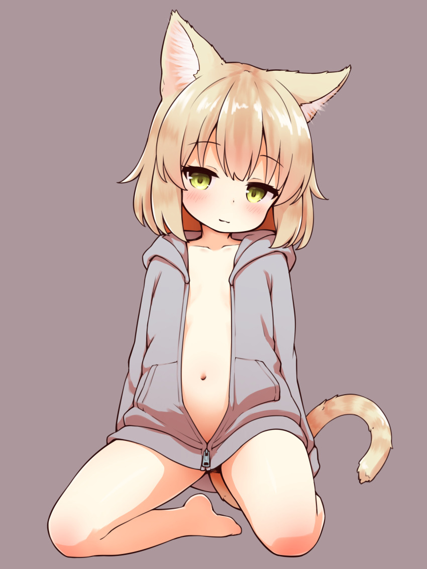 1girl, absurdres, animal_ears, blonde_hair, cat_ears, cat_girl, cat_tail, flat_chest, full_body, green_eyes, grey_background, grey_hoodie, highres, hood, hood_down, hoodie, kneeling, light_smile, loli, long_sleeves, looking_at_viewer, medium_hair, naked_hoodie, navel, original, partially_unzipped, shoboimu, simple_background, solo, stomach, tail