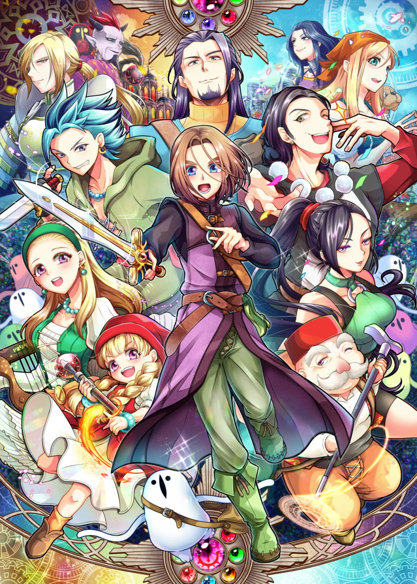 5girls, 6+boys, aqua_eyes, armor, bag, bandana, bead_necklace, beads