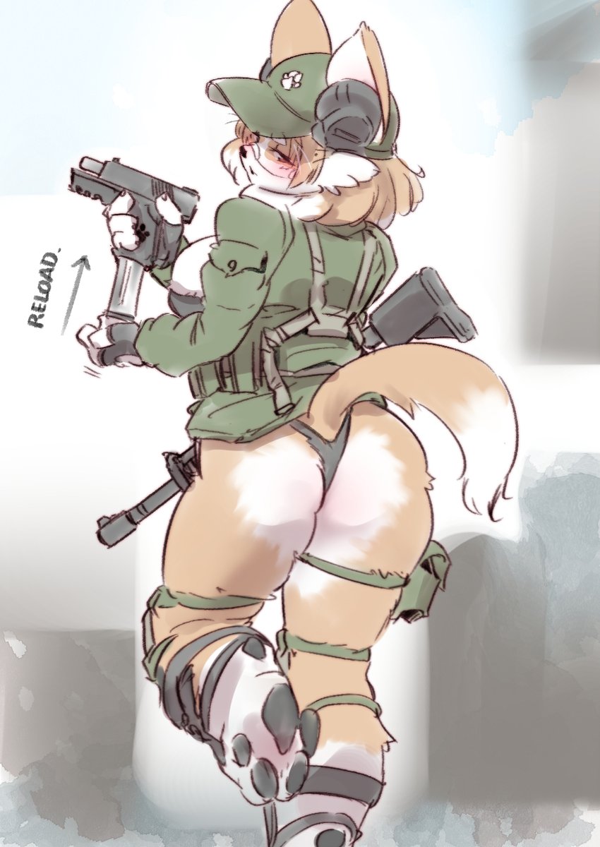 1girl, airsoft_corgi_(yazawa_owl), animal_ear_fluff, animal_ears, ass, breasts, brown_hair, dog