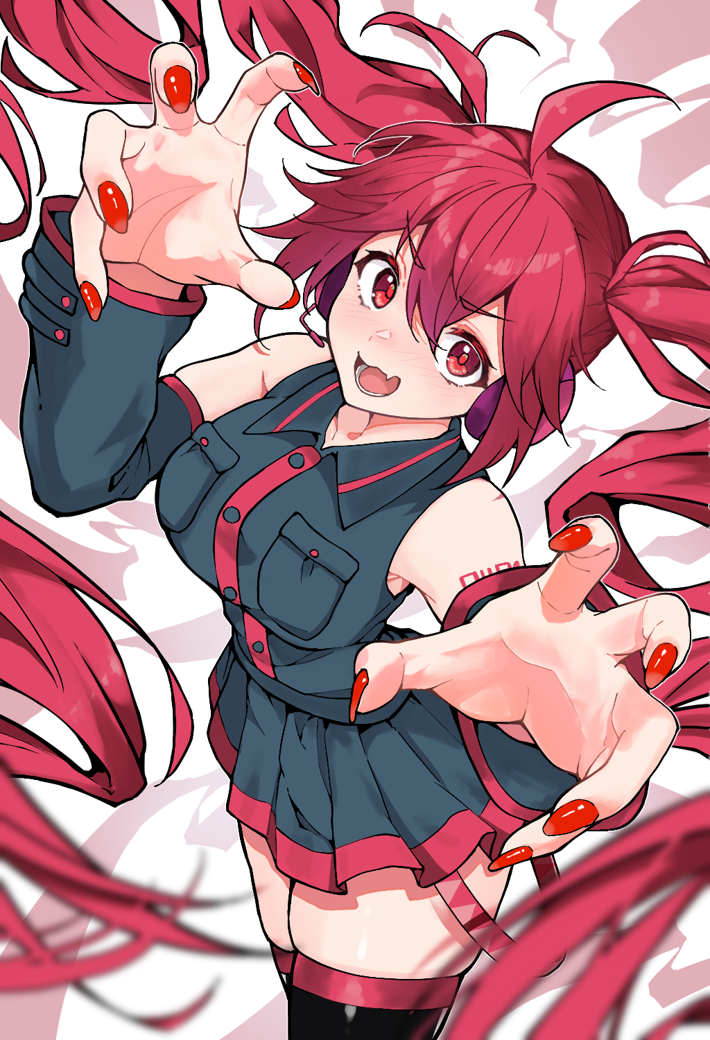 1girl, absurdly_long_hair, ahoge, alternate_hair_length_(longer), alternate_hairstyle, arms_up, black_shirt, black_skirt