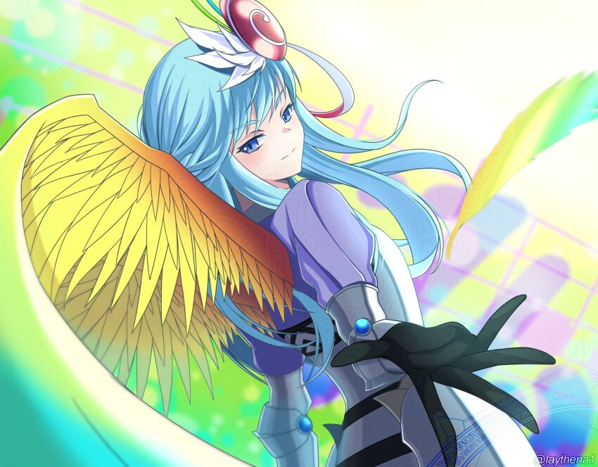 1girl, blue_eyes, blue_hair, cowboy_shot, duel_monster, feathered_wings, highres, laythena