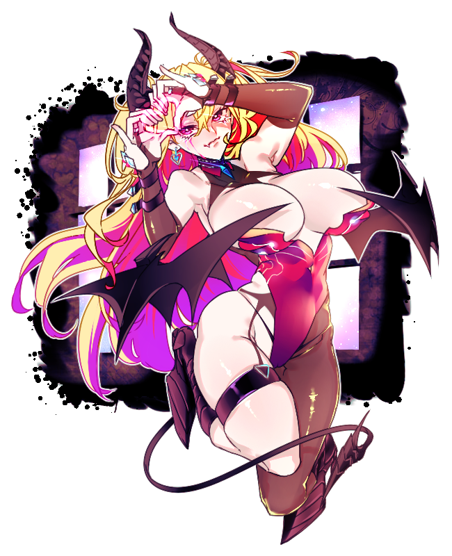 1girl, bare_shoulders, black_bridal_gauntlets, black_horns, black_tail, black_wings, blonde_hair, breasts