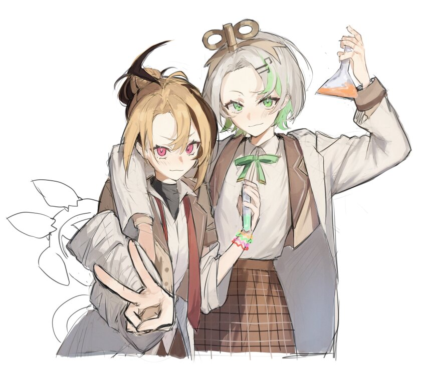 2girls, absurdres, ahoge, alternate_costume, alternate_hairstyle, arm_around_shoulder, black_shirt, blonde_hair