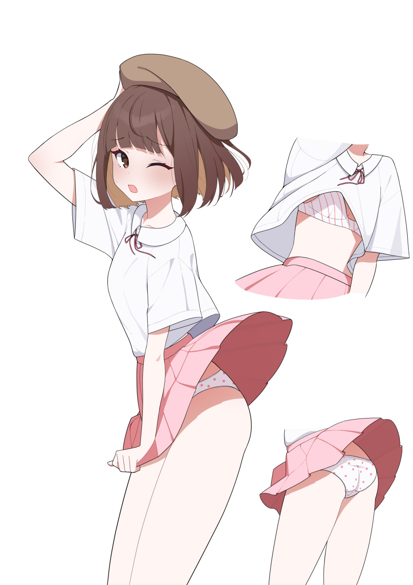 1girl, absurdres, accidental_exposure, adjusting_clothes, adjusting_headwear, arm_up, ass, bra, brown_eyes, brown_hair, brown_hat, commission, covering_crotch, covering_privates, from_side, hat, highres, looking_at_viewer, multiple_views, neck_ribbon, one_eye_closed, open_mouth, panties, pantyshot, pink_ribbon, pink_skirt, polka_dot, polka_dot_panties, ribbon, saionji_(tanakeda), schwarz_rubin, shirt, short_hair, skirt, striped_bra, striped_clothes, tanaka-kun_wa_itsumo_kedaruge, transparent_background, underwear, white_bra, white_panties, white_shirt, wind, wind_lift