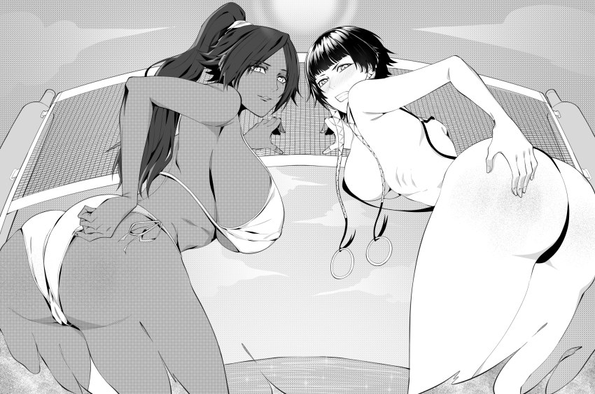 2girls, absurdres, bare_shoulders, black_hair, bleach, breasts, dark-skinned_female, dark_skin