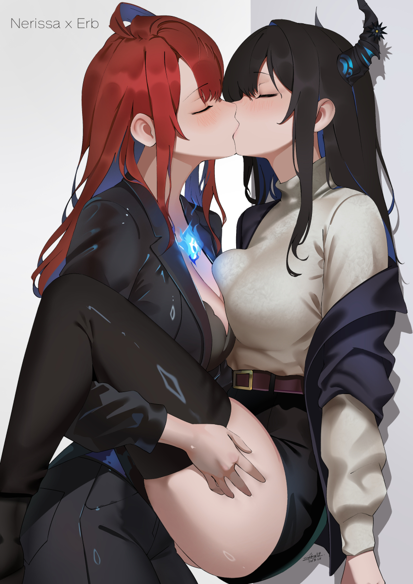 2girls, absurdres, alternate_costume, aou13093, black_hair, black_horns, black_jacket, black_pants, black_shorts, black_thighhighs, blue_hair, breast_press, breasts, closed_eyes, colored_inner_hair, elizabeth_rose_bloodflame, formal_clothes, highres, hololive, hololive_english, horns, jacket, kiss, large_breasts, leg_lift, micro_shorts, multicolored_hair, multiple_girls, nerissa_ravencroft, pant_suit, pants, red_hair, shorts, suit, suit_jacket, sweater, thighhighs, turtleneck, turtleneck_sweater, virtual_youtuber, white_sweater, yuri