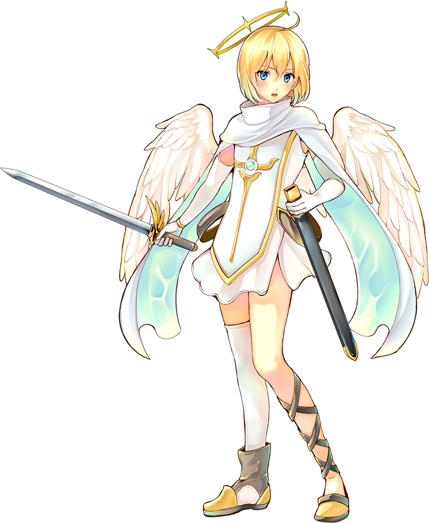 1girl, ahoge, angel, artist_request, asymmetrical_legwear, bad_source, blonde_hair, blue_eyes