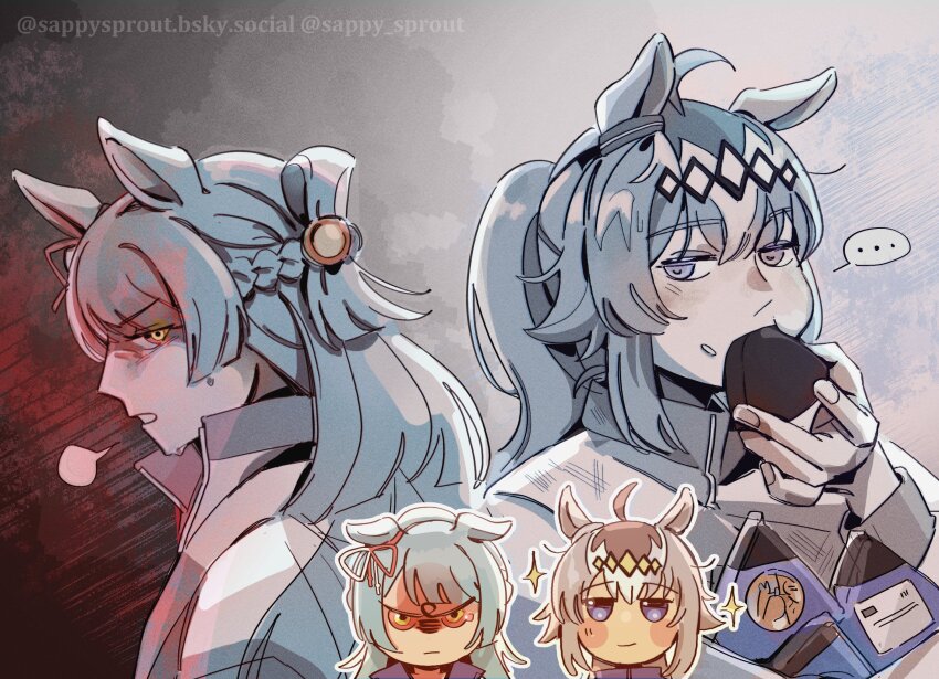 2girls, ahoge, angry, animal_ears, aqua_hair, blank_speech_bubble, blue_eyes, blunt_bangs