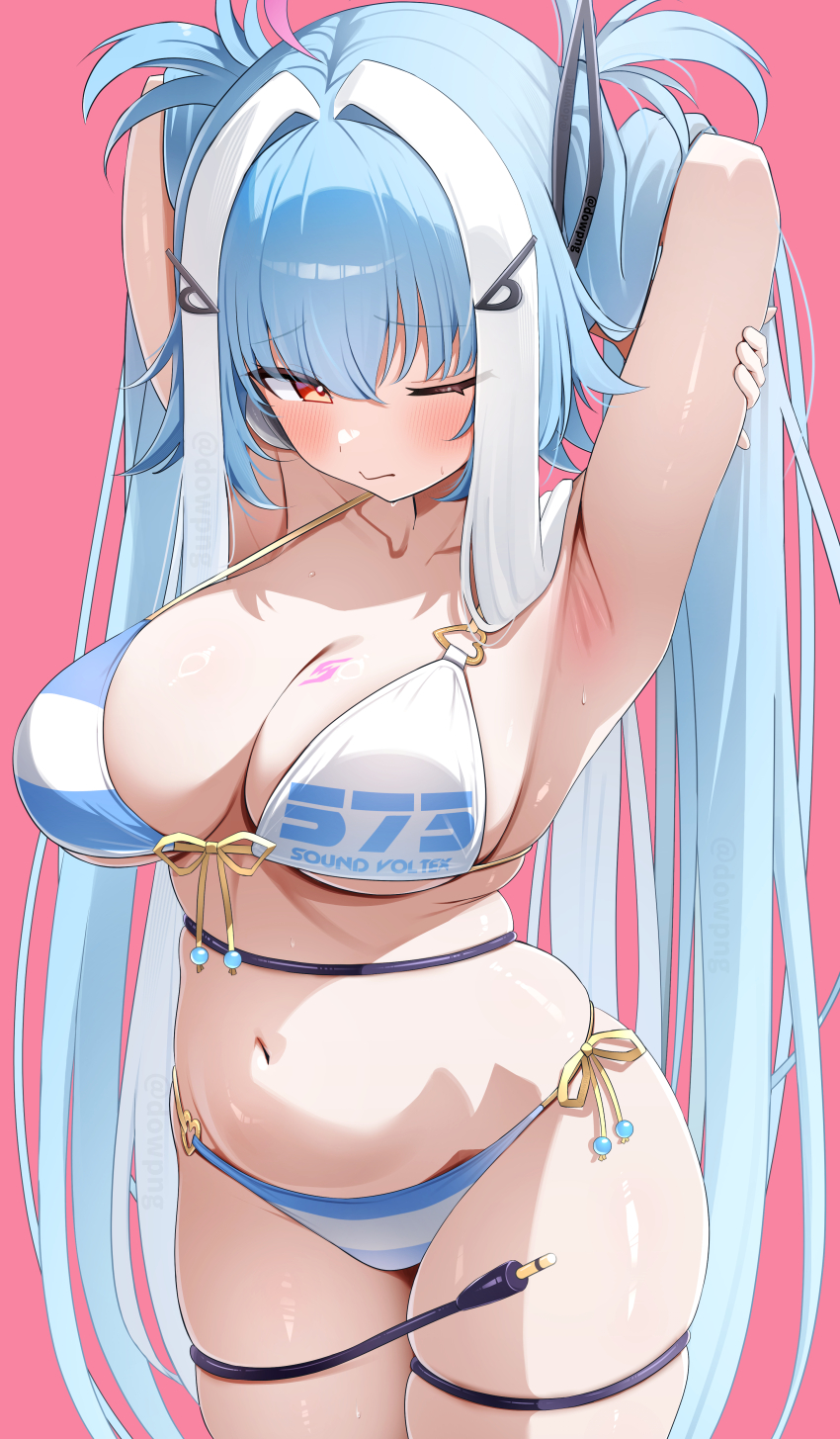 1girl, absurdres, armpits, arms_behind_head, bemani, bikini, blue_bikini, blue_hair, breasts, closed_mouth, highres, ichika_(bemani), large_breasts, lelex, long_hair, looking_at_viewer, multicolored_bikini, multicolored_hair, one_eye_closed, red_eyes, simple_background, solo, swimsuit, tail, thighs, two-tone_bikini, two-tone_hair, very_long_hair, white_bikini, white_hair