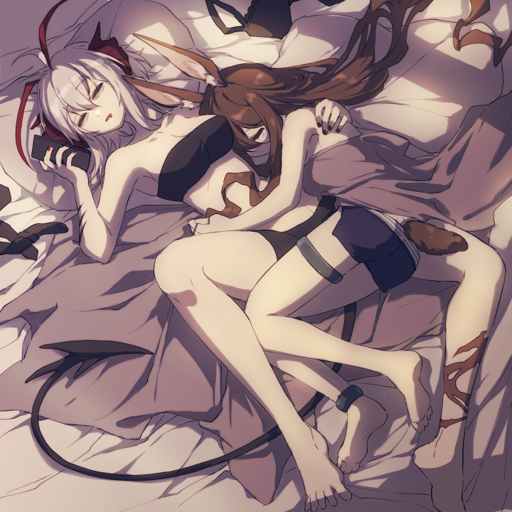 2girls, ahoge, amiya_(arknights), animal_ears, ankle_ring, antenna_hair, arknights, ass