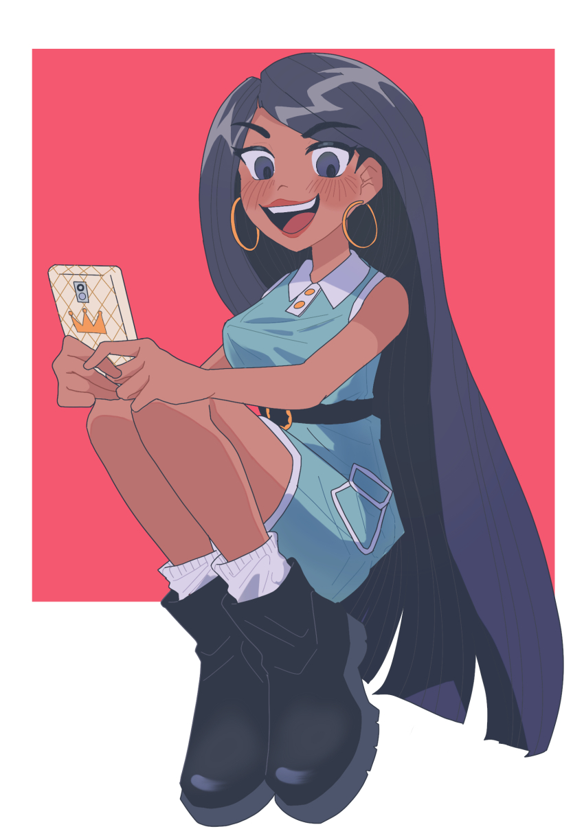 1girl, animification, belt, black_hair, boots, casey_calderon, dress, earrings