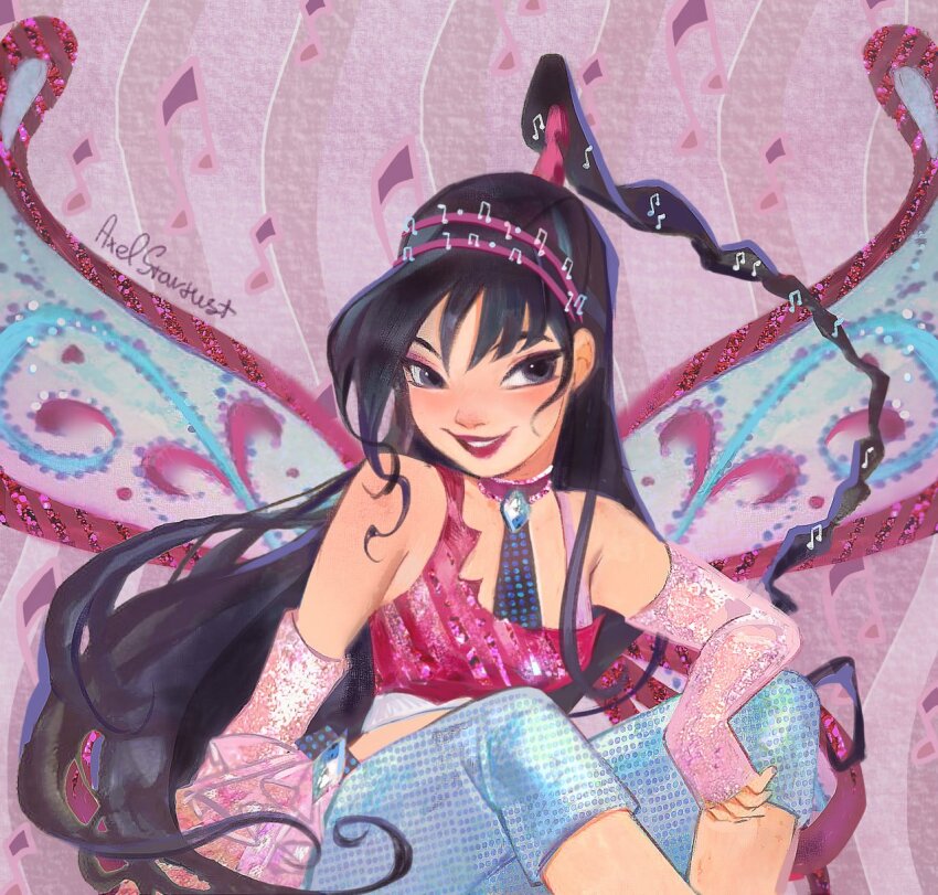 1girl, arm_warmers, bare_shoulders, believix, black_hair, black_necktie, blue_pants, blue_wings