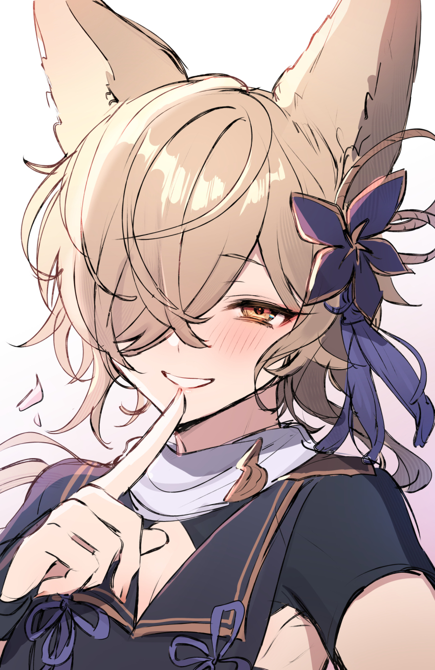 1boy, animal_ears, blonde_hair, brown_eyes, clothing_cutout, erune, finger_to_mouth, flower