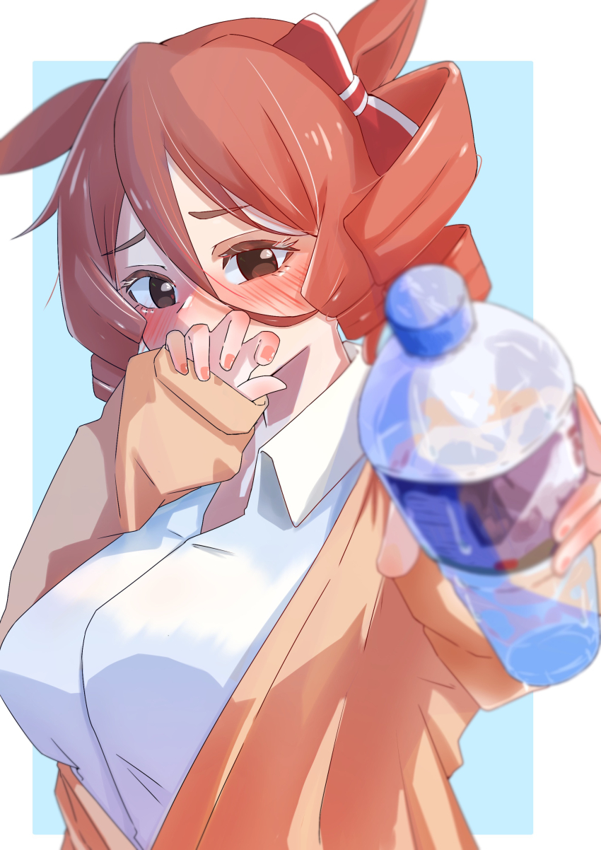 1girl, absurdres, animal_ears, blush, boco_deco, bottle, bow, brown_cardigan