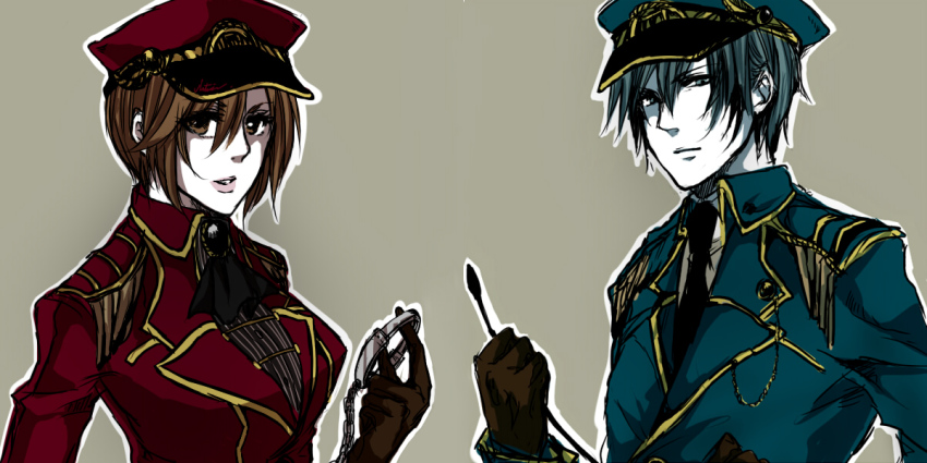 1boy, 1girl, alternate_costume, ascot, bad_id, bad_pixiv_id, blue_eyes, blue_hair