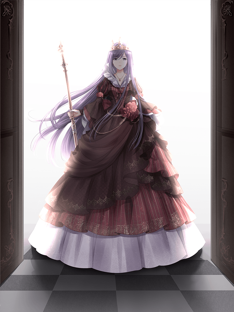 1girl, artist_request, black_dress, checkered_floor, collared_dress, crown, determined, dot_nose, dress, flower, frilled_dress, frilled_sleeves, frills, full_body, game_cg, gold_crown, gown, high_collar, holding, holding_scepter, indoors, jewelry, juliet_sleeves, layered_dress, long_hair, long_sidelocks, long_sleeves, miracle_nikki, necklace, nikki_(series), official_art, open_door, parted_lips, puffy_sleeves, purple_eyes, purple_hair, queen, queen_elle_(miracle_nikki), red_dress, red_flower, red_rose, rose, scepter, shadow, sidelocks, solo, standing, striped_clothes, striped_dress, swept_bangs, third-party_source, vertical-striped_clothes, vertical-striped_dress, very_long_hair