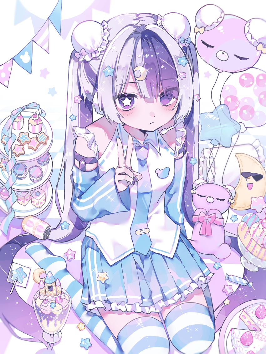 1girl, absurdly_long_hair, balloon, banana, blue_necktie, blue_skirt, blue_sleeves, blue_thighhighs