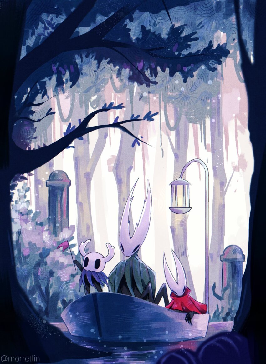 1girl, 2boys, black_skin, blue_cloak, blue_leaf, boat, cloak, colored_skin, flag, forest, green_cloak, highres, holding, holding_flag, hollow_eyes, hollow_knight, hollow_knight_(character), horned_mask, hornet_(hollow_knight), knight_(hollow_knight), lamppost, lantern, leaf, looking_ahead, looking_at_another, looking_down, mask, morretlin, multiple_boys, nature, no_humans, on_boat, pillar, plant, red_cloak, river, signature, tree, twitter_username, watercraft, white_mask