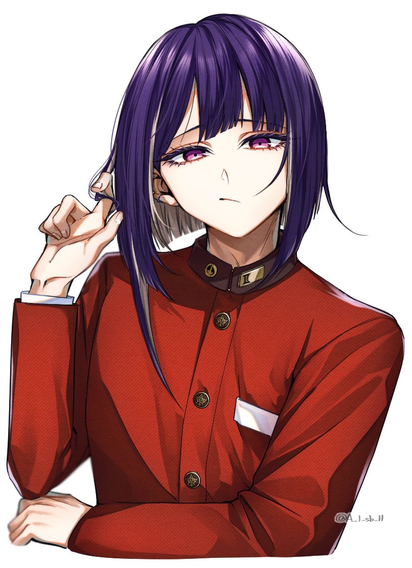 1boy, a_1_sb_11, buttons, cropped_torso, long_sleeves, male_focus, medium_hair, pink_eyes, purple_hair, red_shirt, shirt, short_hair, sidelocks, simple_background, smug, solo, the_hundred_line_-last_defense_academy-, tsukumo_ima, white_streaks