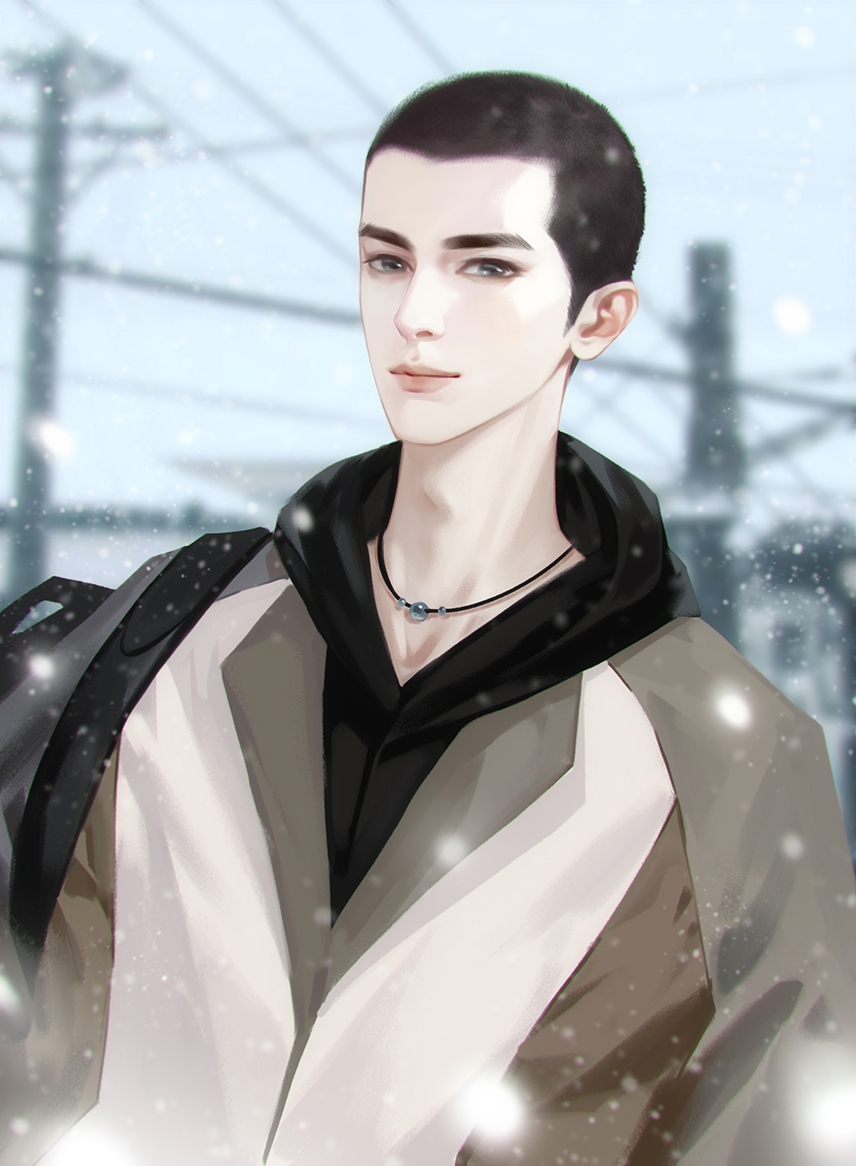 1boy, backlighting, bag, blue_sky, brown_coat, brown_hair, buzz_cut, closed_mouth