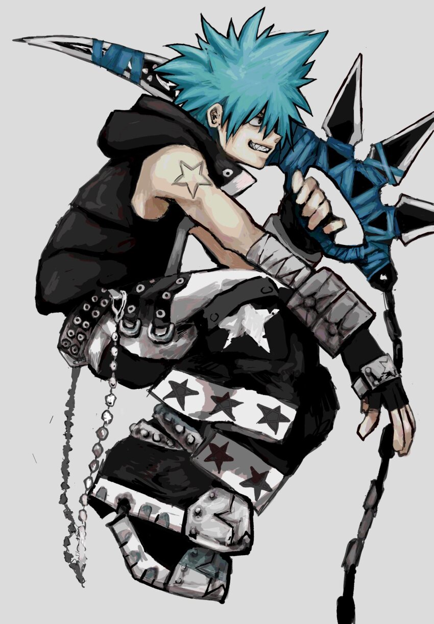 1boy, black_jacket, black_star, blue_hair, highres, holding, holding_weapon, jacket