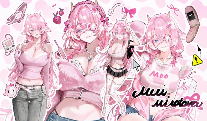 airpods, animal_ears, animal_print, bag, black_skirt, blue_eyes, braid, breasts