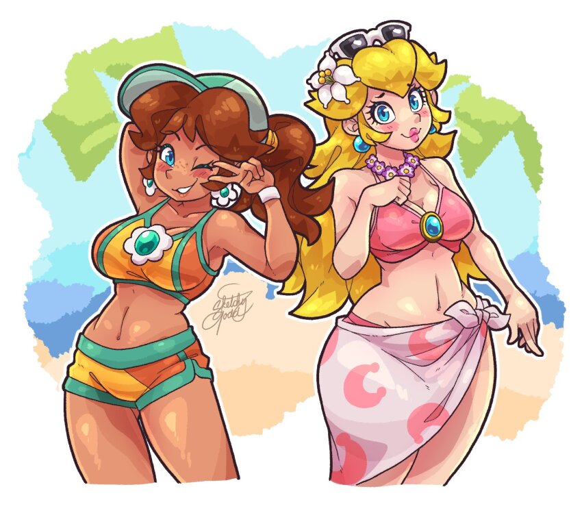 baseball_cap, bikini, blonde_hair, blue_eyes, blush, brown_hair, dark-skinned_female, dark_skin