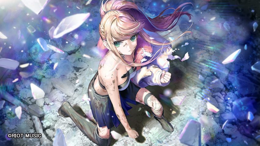 1girl, asymmetrical_legwear, bare_shoulders, black_boots, black_shoes, black_skirt, blonde_hair, boots