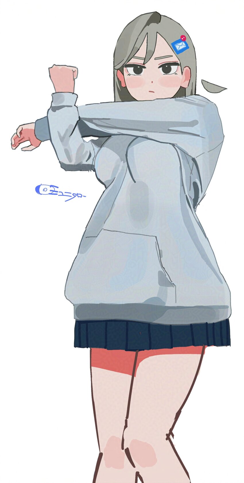 1girl, absurdres, adversarial_noise, black_eyes, blue_skirt, breasts, clenched_hand, commentary_request