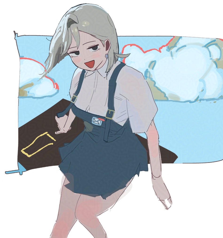 1girl, :d, adversarial_noise, aqua_dress, black_eyes, blue_sky, blunt_ends, breasts