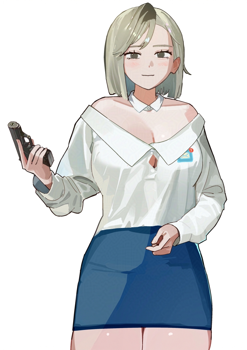1girl, absurdres, adversarial_noise, blue_skirt, blunt_ends, blush, breasts, button_gap, cleavage, commentary, cowboy_shot, detached_collar, envelope, envelope_print, grey_eyes, grey_hair, gun, handgun, highres, holding, holding_gun, holding_weapon, large_breasts, light_smile, long_sleeves, meiru_(yu_ni_taro), off-shoulder_shirt, off_shoulder, original, parted_bangs, shirt, short_hair, simple_background, skirt, solo, trigger_discipline, weapon, white_background, white_shirt, yu_ni_taro
