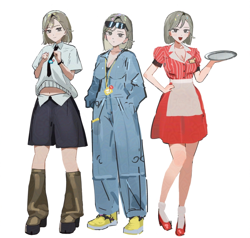 1girl, :d, :|, absurdres, adversarial_noise, black_necktie, black_shorts, blue_jumpsuit