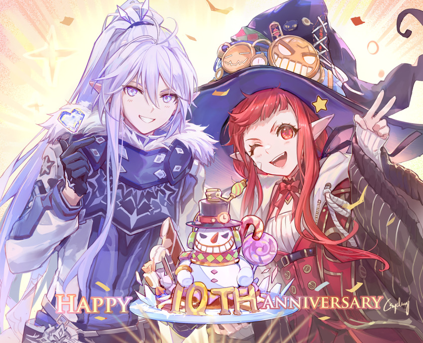 1boy, 1girl, anniversary, black_jacket, blue_eyes, blue_jacket, csyday, dress