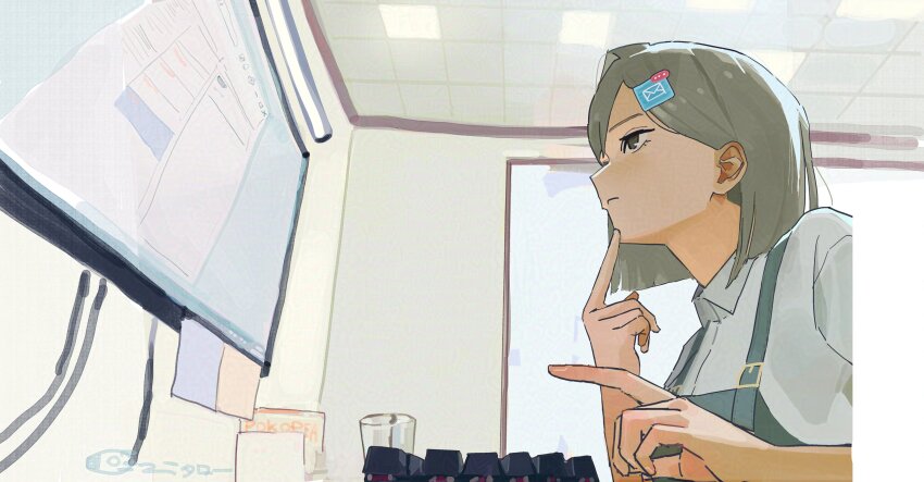 1girl, absurdres, adversarial_noise, aqua_dress, black_eyes, blunt_ends, cable, ceiling, closed_mouth, collared_shirt, computer_keyboard, cup, dress, drinking_glass, envelope_hair_ornament, finger_to_own_chin, grey_hair, hair_behind_ear, highres, index_finger_raised, indoors, meiru_(yu_ni_taro), monitor, office, original, parted_bangs, pinafore_dress, shirt, short_hair, sleeveless, sleeveless_dress, solo, sticky_note, tile_ceiling, tiles, upper_body, white_shirt, yu_ni_taro