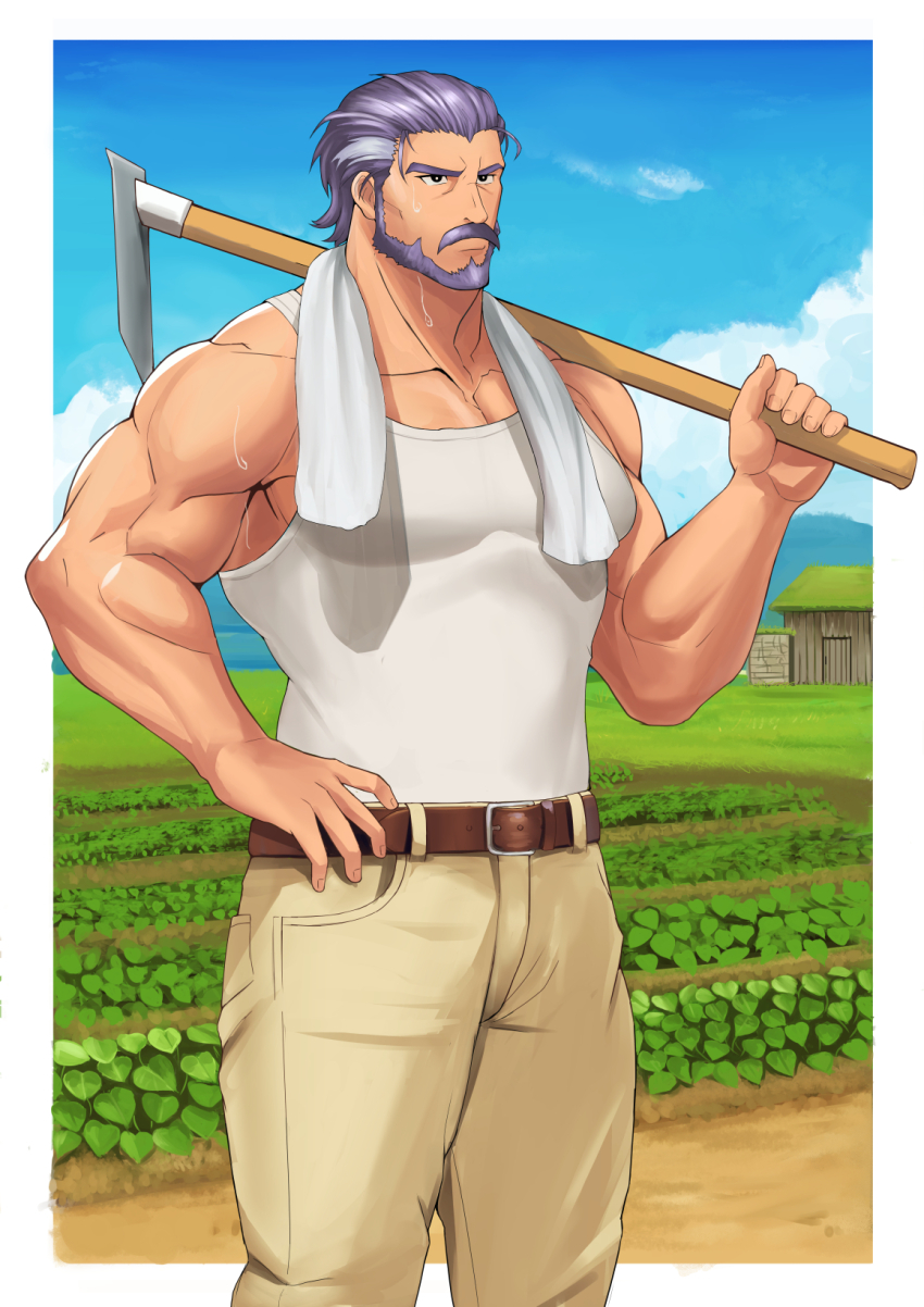 1boy, bara, beard, belt, commentary_request, day, duessel_(fire_emblem), facial_hair