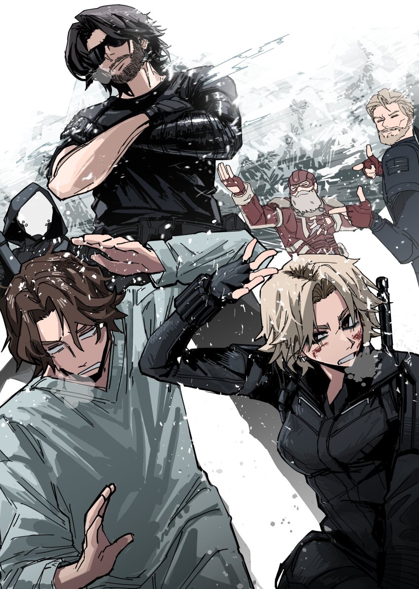 1girl, absurdres, beard, black_bodysuit, black_gloves, blank_eyes, blonde_hair, bodysuit