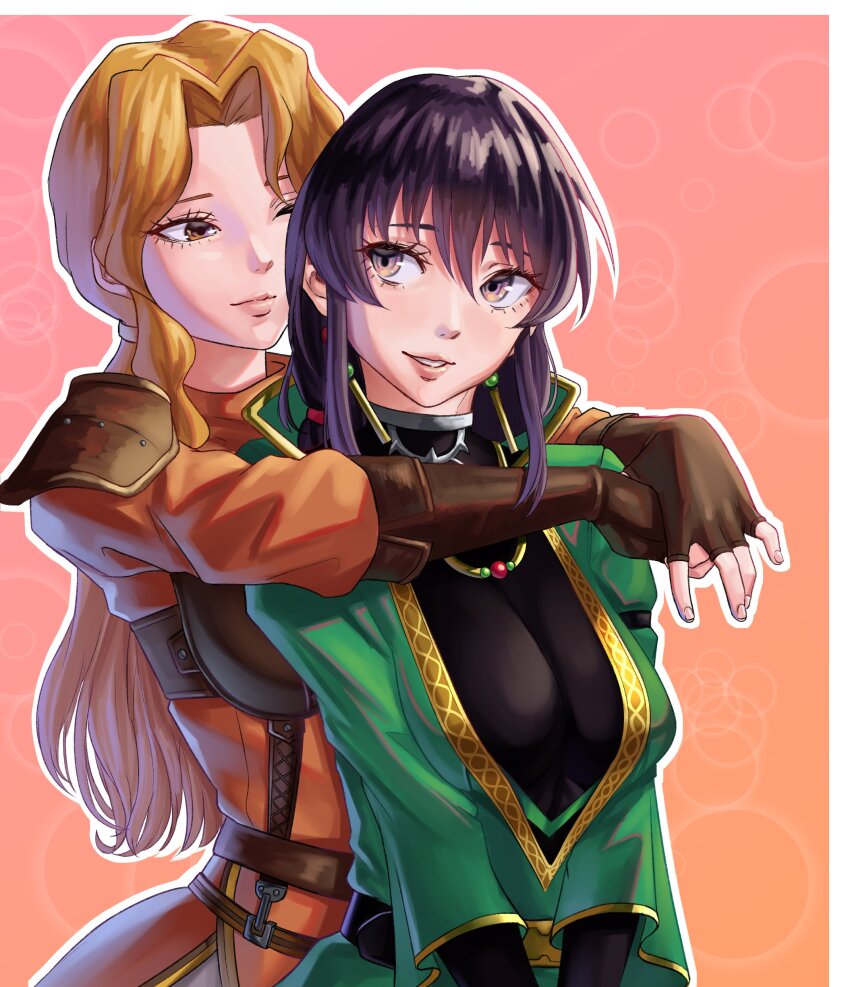 2girls, absurdres, armor, arms_around_neck, black_hair, blonde_hair, breastplate, breasts