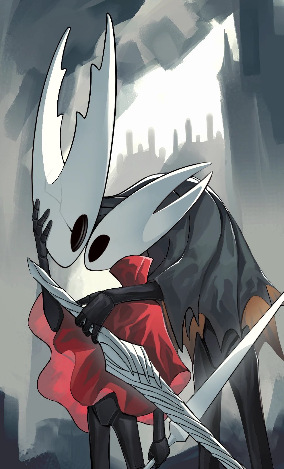 1boy, 1girl, arm_on_another's_shoulder, black_skin, bug, cave, cave_interior, cloak, colored_skin, cracked_mask, frostedmirror, grey_cloak, hand_on_another's_face, hand_on_another's_head, highres, holding, holding_needle, holding_sword, holding_weapon, hollow_eyes, hollow_knight, hollow_knight_(character), horned_mask, hornet_(hollow_knight), looking_at_another, mask, needle, no_humans, red_cloak, rock, sunlight, sword, weapon, white_mask