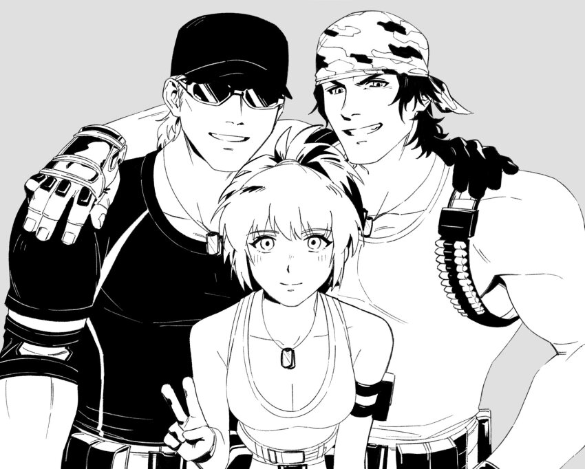 00a3af_231, 1girl, 2boys, ammunition, armlet, bandana, baseball_cap, black_hair