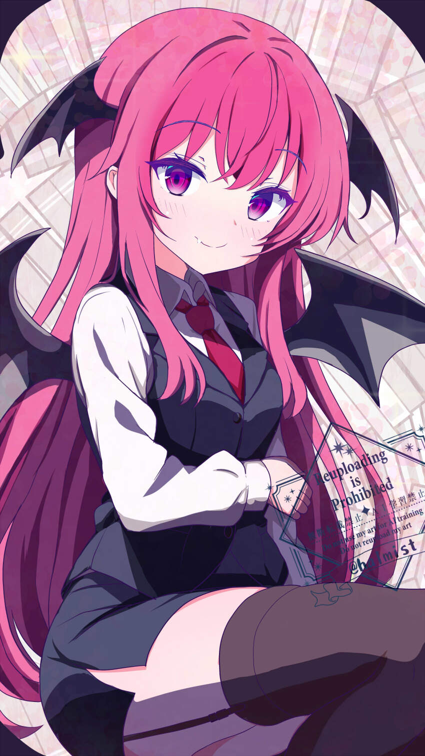 1girl, absurdres, artist_name, bat_wings, black_garter_straps, black_skirt, black_thighhighs, black_vest, black_wings, breasts, collared_shirt, colored_eyelashes, commentary_request, cowboy_shot, dot_nose, dress_shirt, fang, fang_out, from_below, garter_straps, gradient_eyes, hair_between_eyes, halmist, head_wings, highres, koakuma, light_blush, long_hair, looking_at_viewer, medium_breasts, multicolored_eyes, necktie, pencil_skirt, red_eyes, red_hair, red_necktie, shirt, side_slit, sidelocks, simple_background, skirt, smile, solo, thighhighs, touhou, very_long_hair, vest, watermark, white_shirt, wings, zettai_ryouiki