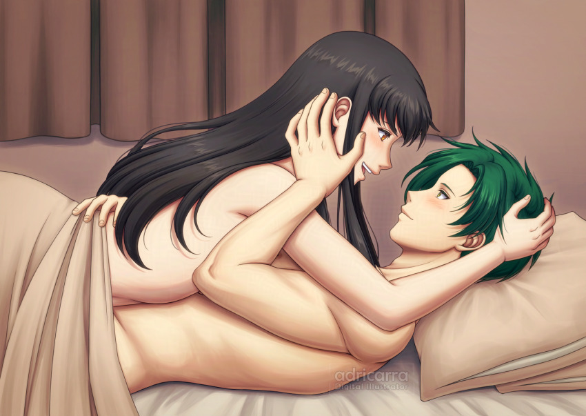 1boy, 1girl, adricarra, astrid_(fire_emblem), bed, bed_sheet, black_hair, commission