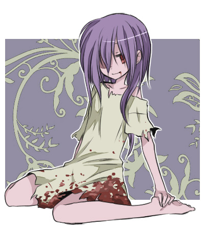 1girl, ark_kan, barefoot, blood, blood_on_clothes, closed_mouth, commentary_request, dress