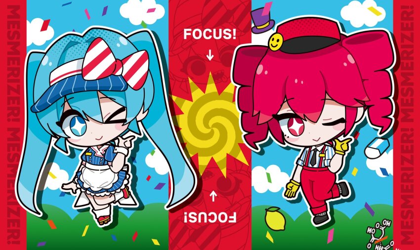 18ch, 2girls, :>, apron, arm_at_side, black_necktie, black_shoes, blue_dress