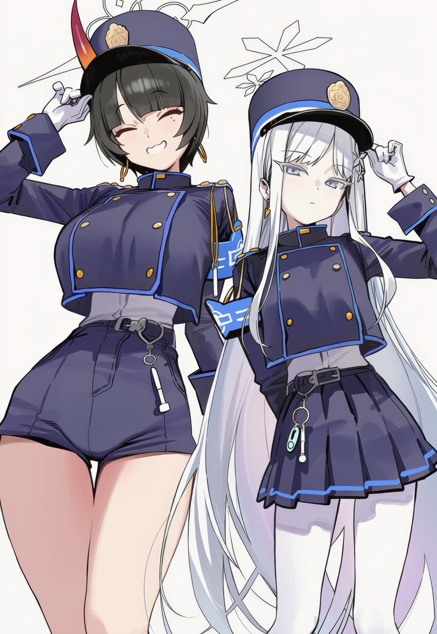 2girls, absurdres, ai_lightmako, black_hair, blue_archive, blue_hat, blue_jacket, blue_skirt